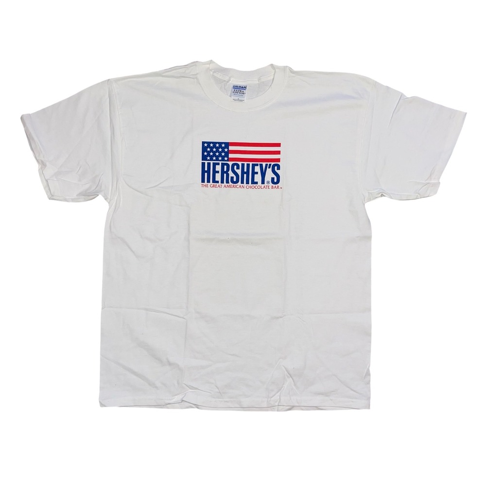 Hershey's The Great American‎ Chocolate Bar White T-Shirt Mens XL Gildan Flag